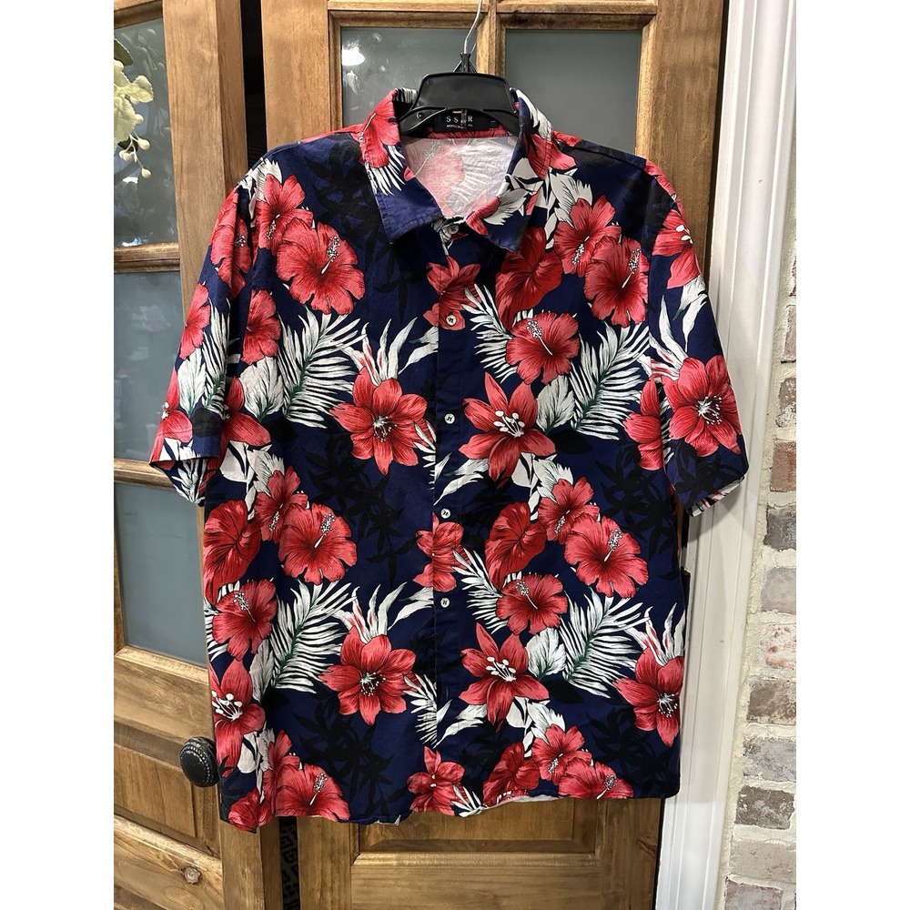 SSLR‎ Mens Tropical Hibiscus Floral Short Sleeve Button Down Shirt Navy Red L